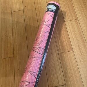 Yoga Mat NWOT 24”W x 68”L pink with floral pattern black carry handle.